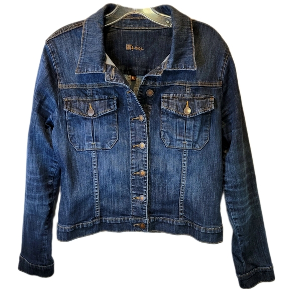 Kut from the Kloth Jean Jacket Womens XL L Blue Denim Dark Wash Cropped Trucker - Picture 2 of 14